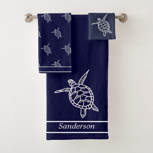 Zee Turtle Bathroom Navy Blue en White Bath Towel Bad Handdoek (Insitu)