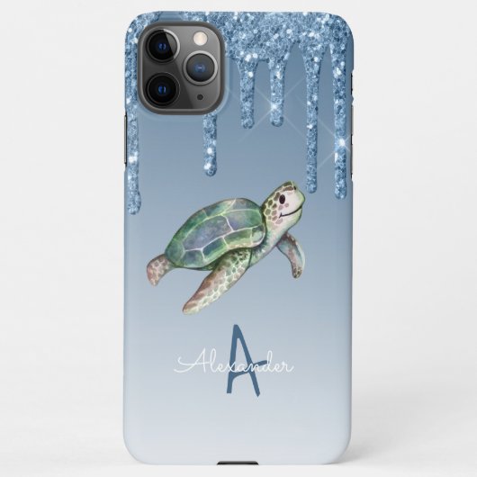 Zee Turtle Blue Glitter Personalized Budget Genoem iPhone Hoesje (Achterkant)