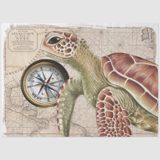 Zee Turtle Compass Map Nautical Art Tissuepapier (Voorkant)