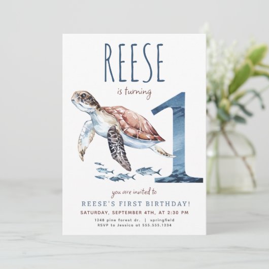 Zee Turtle Eerste Verjaardagsuitnodiging Kaart (Staand voorkant)