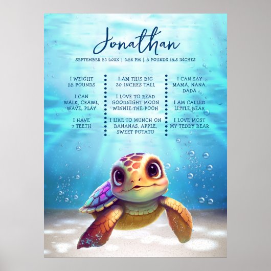 Zee Turtle Modern Cute 1st Birthday Milestone Poster (Voorkant)