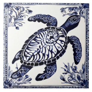 Zee Turtle Navy Blue en White Ocean Beach House Tegeltje