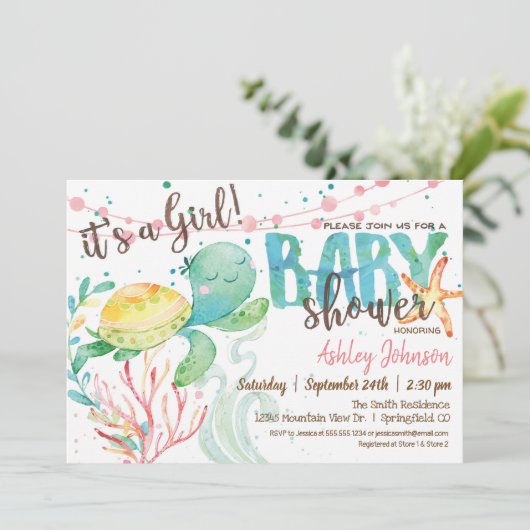 Zee Turtle Ocean Baby shower uitnodiging, Meisje Kaart (Staand voorkant)