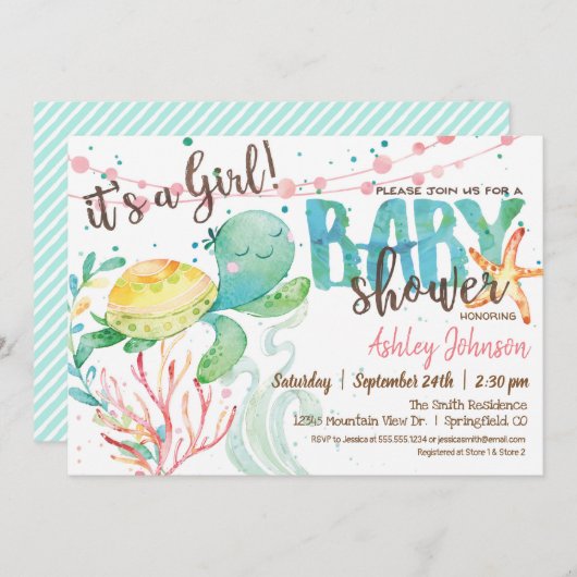 Zee Turtle Ocean Baby shower uitnodiging, Meisje Kaart (Voorkant / Achterkant)