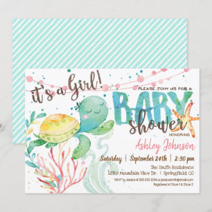 Zee Turtle Ocean Baby shower uitnodiging, Meisje Kaart