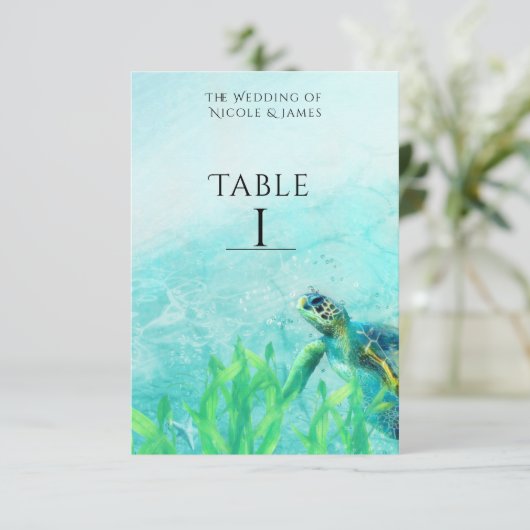Zee Turtle Ocean Beach Art Weddenschap Table Numbe Kaart (Staand voorkant)
