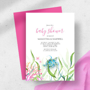Zee Turtle Pink en Green Baby shower Invitation Kaart
