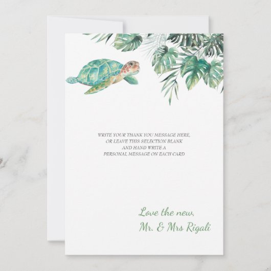 Zee Turtle Tropical Leaves Waterverf Wedding Bedankkaart (Voorkant)