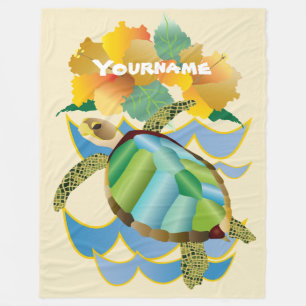 Zee Turtle Tropical Yellow Hibiscus Flowers Fleece Deken