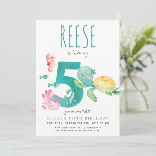 Zee Turtle Vijfde Verjaardagsuitnodiging Kaart (Staand voorkant)