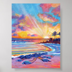 Zee Turtles bij Poipu Beach Kauai bij zonsondergan Poster