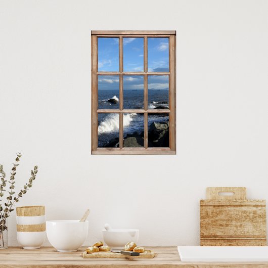 Zee Uitzicht uit een venster met brekende golven Poster (Keuken)