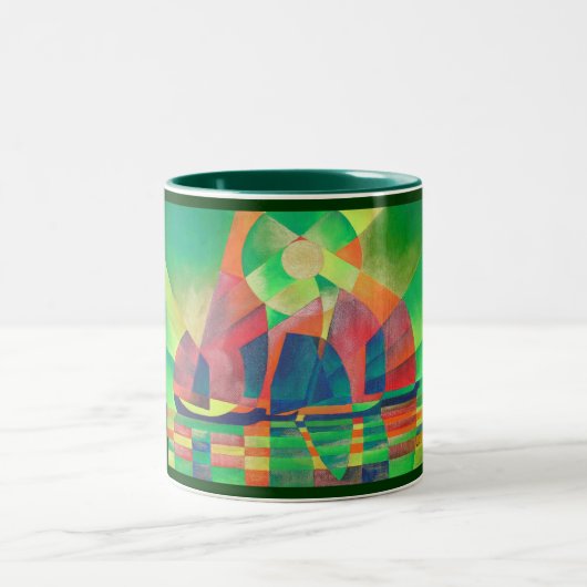 Zee van groen met Cubistische Abstracte junks Tweekleurige Koffiemok (Center)