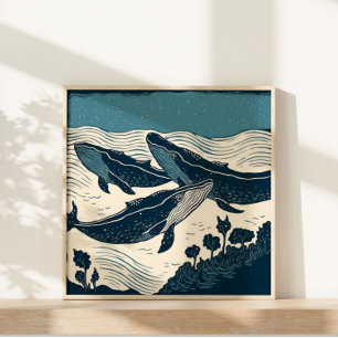Zee van walvissen en Natuur van de zee Linocut Nov Poster