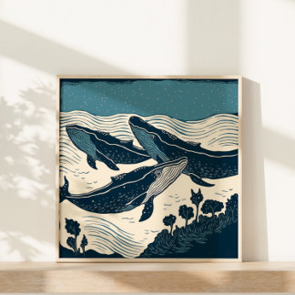 Zee van walvissen en Natuur van de zee Linocut Nov Poster