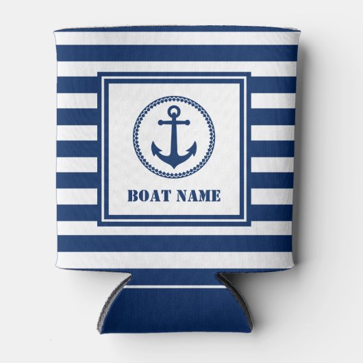 Zee verankeren uw bootnaam blauw en wit streep blikjeskoeler (Voorkant)