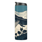 Zee walvissen Ocean Nova Scotia Linocut Tea Coffee Thermosbeker (Geroteerd rechts)