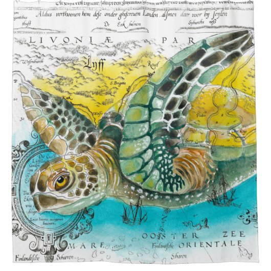 Zee Waterverf Kaart wit Douchegordijn (Voorkant)