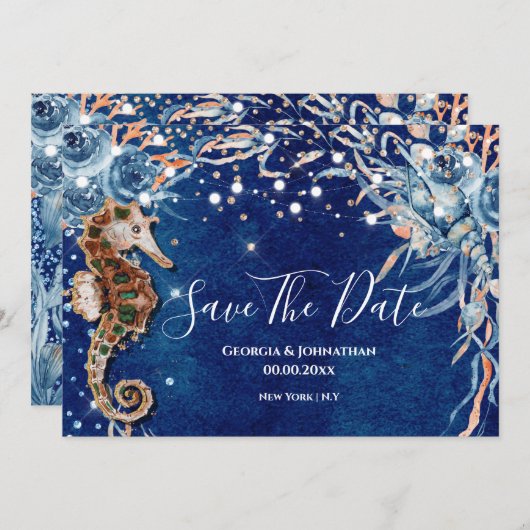 Zee waterverf schelp strand oceaan blauw sinaasapp save the date (Voorkant / Achterkant)