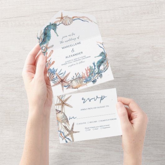 Zee Wreath | Zeepaardje en Schelpen Strand All In One Uitnodiging (Afscheurbaar)