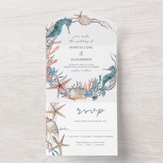 Zee Wreath | Zeepaardje en Schelpen Strand All In One Uitnodiging (Binnen)