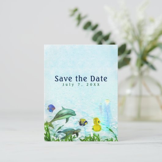 Zeedieren Strand Aquarel Elegant Save the Date Aankondigingskaart (Staand voorkant)