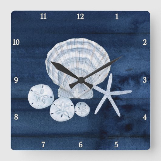 Zeeduivel Beach Sand Dollar Blue n White Vierkante Klok (Voorkant)