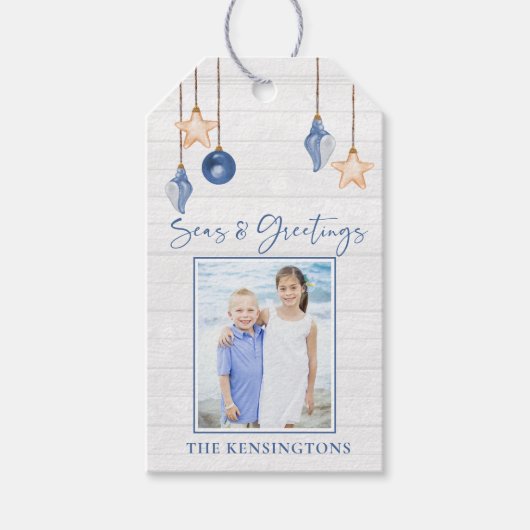 Zeeen en Groeten Seashell Ornament Wit Hout Cadeaulabel (Voorkant)