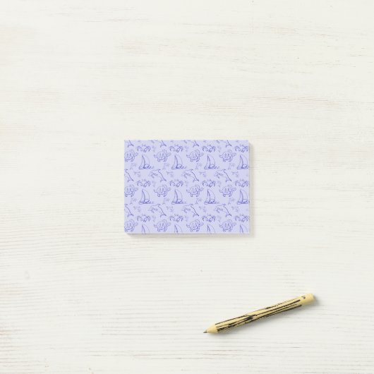Zeeen en zeilboot één lijntrekpatroon post-it® notes (Op bureau)