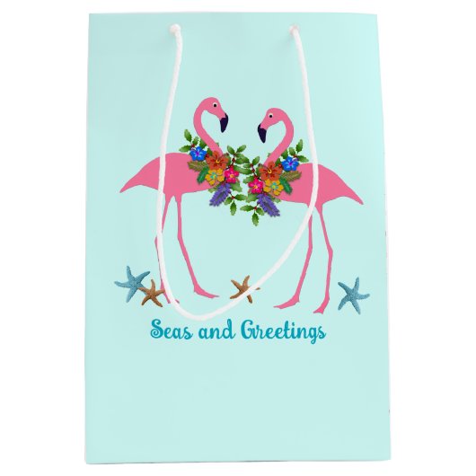 Zeeen n Groeten Roze Flamingo's Kerst Medium Cadeauzakje (Voorkant)