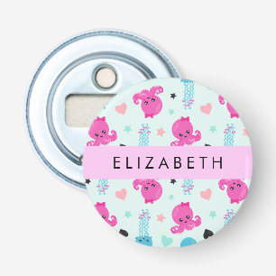 Zeeen, octopus, kwallen, harten, Jouw naam Button Flesopener