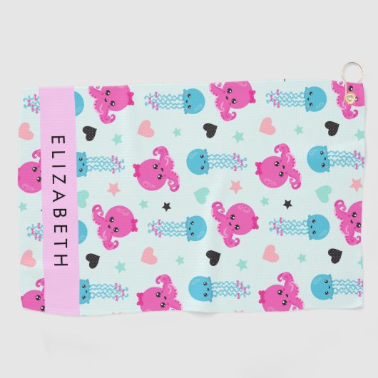 Zeeen, octopus, kwallen, harten, Jouw naam Golfhanddoek (Horizontaal)