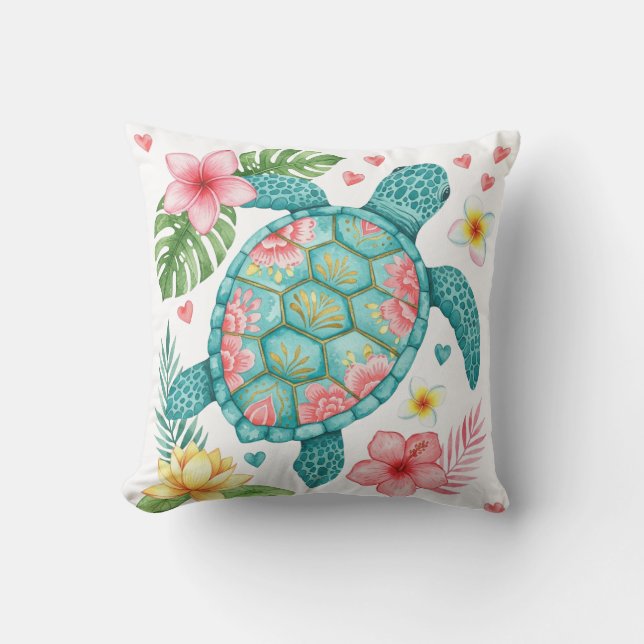 Zeeen schildpad en tropische bloemen kussen (Voorkant)