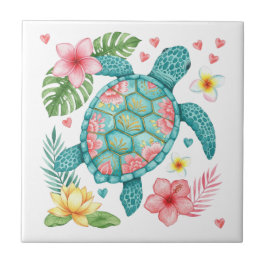 Zeeen schildpad en tropische bloemen tegeltje