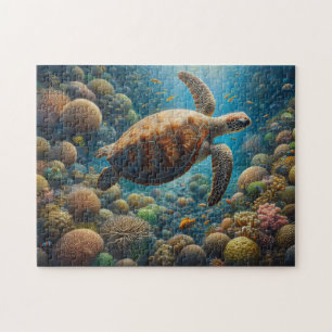 Zeeen schildpad zwemmen rond koraal legpuzzel