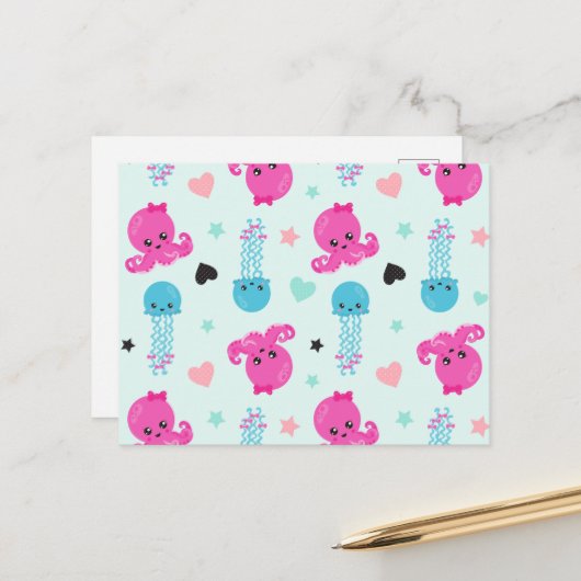 Zeeen, Zee, octopus, kwallen, harten Briefkaart (Voorkant / Achterkant in situ)