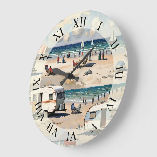 Zeegezicht, caravan op het strand grote klok (Hoek)