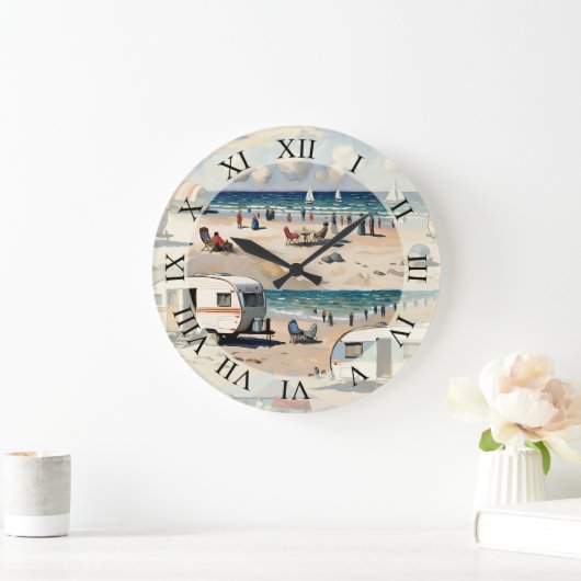 Zeegezicht, caravan op het strand grote klok (Huis)