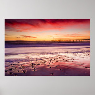 Zeegezicht en pier bij zonsondergang, CA Poster