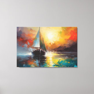 Zeegezicht met een eenzame zeilboot bij zonsonderg canvas afdruk