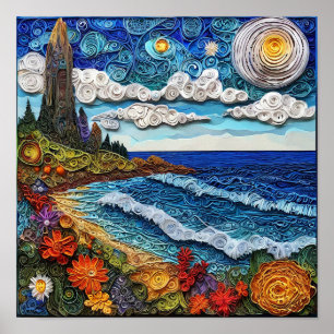 🌊 Zeegezicht Quilling Papier Kunst Oceaan Golf Ku Poster