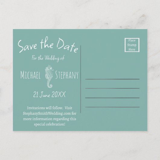 Zeeglas Zeepaardje | Red de Strand Datum Briefkaart (Achterkant)