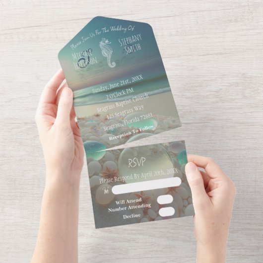 Zeeglas Zeepaardje Strand Bruiloft All In One Uitnodiging (Afscheurbaar)