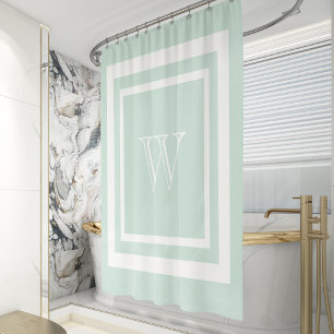 Zeegroen Wit Omlijst Monogram Douchegordijn