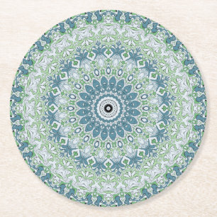 Zeegroene en Blauwe Kust Mandala Patroon Ronde Kartonnen Onderzetter