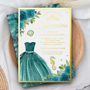 Zeegroene jurk onder de zee Meermin Quinceanera Go Folie Uitnodiging