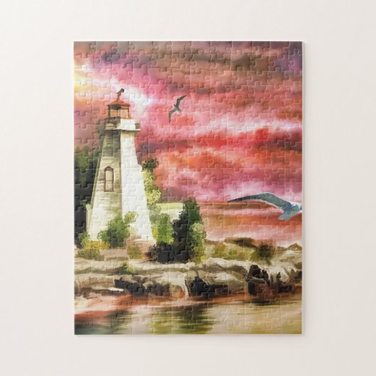 Zeekust vuurtoren op zonsondergang, puzzle legpuzzel (Verticaal)