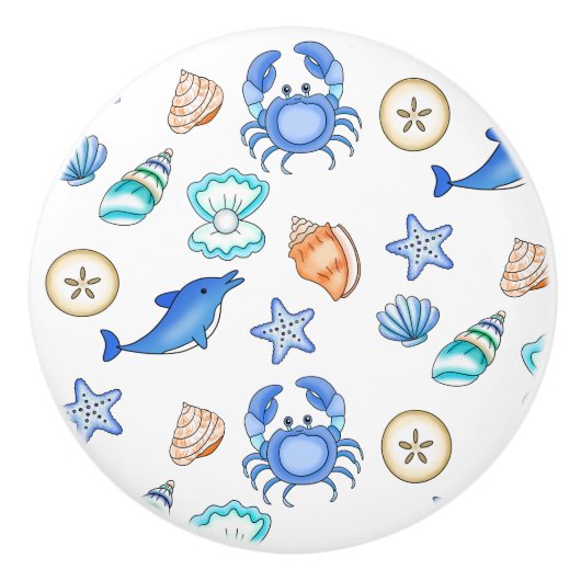Zeekust, zeekust, dolfijn en zeeschelpen keramische knop (Voorkant)