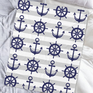 Zeemacht blauw Anchor Boat Wheel grijs Stripe Naut Fleece Deken