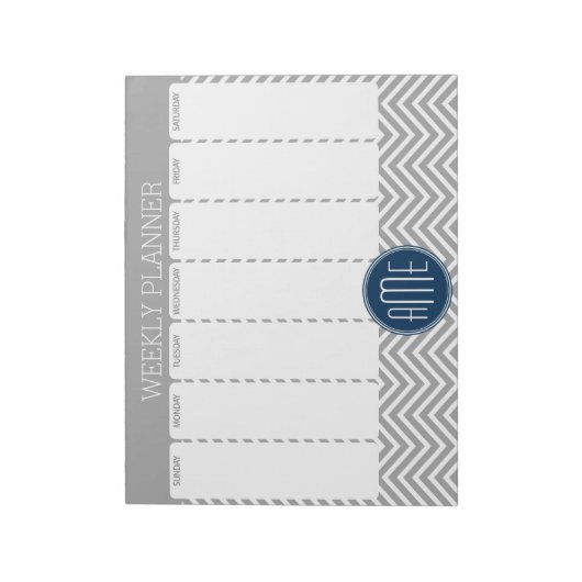 Zeemacht en grijze Chevron Pattern Weekly Planner Notitieblok (Gedraaid)
